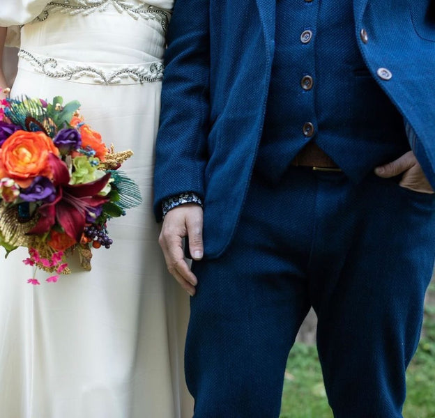 Tuxedo of indigo sashiko fabric.