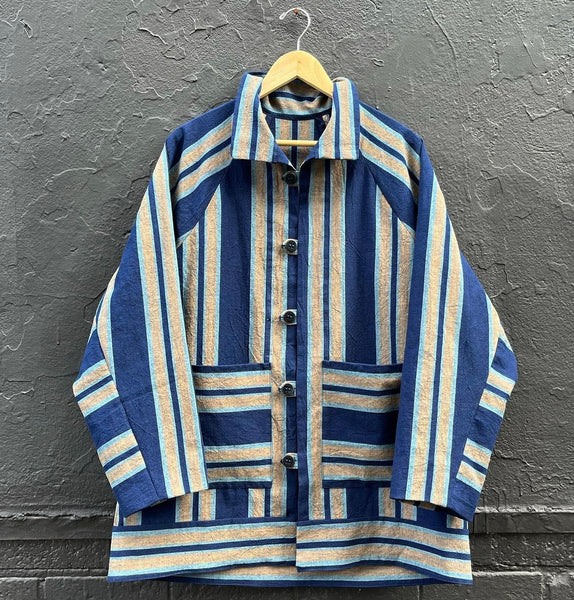 The jacket using indigo thick stripes