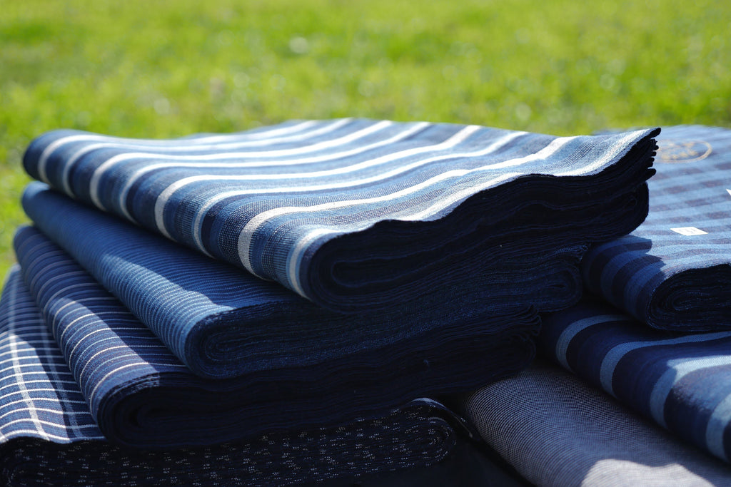 Matsusaka Cotton, Gobo (burdock) shima, Indigo Fabric Japanese Cotton Fabric By the yard